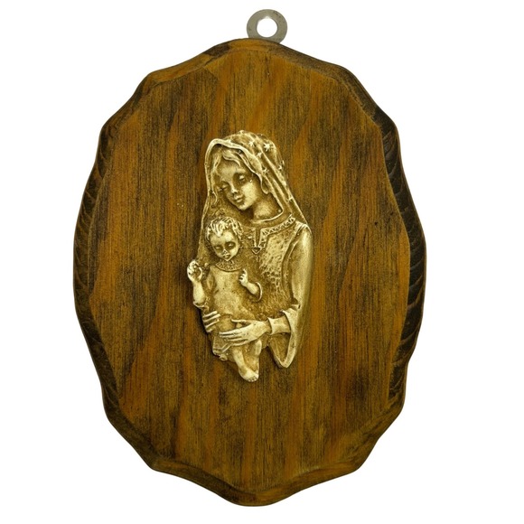 Other - Vintage Virgin Mary and Child Jesus Wood Wall Plaque Religious Icon Relief 7in